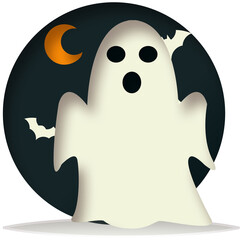 Сartoon ghost.
Set against a dark backdrop adorned with silhouettes of flying bats and a crescent moon, this image captures the spooky yet playful spirit of Halloween. 