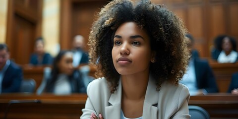 A female public defender passionately presents her case in court to a multiethnic judge and jury. Concept Law, Justice, Courtroom, Legal System, Advocate - obrazy, fototapety, plakaty