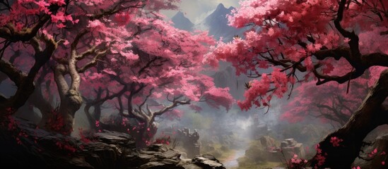 A man is elegantly painted standing amidst a serene forest filled with delicate pink flowers in...