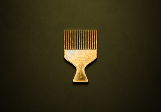 Old gold effect of Hair comb logo with 3D glossy style Mockup.	