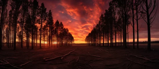  The sun setting in the midst of a lush forest, casting a warm glow as tree roots sprawl across the ground © pngking