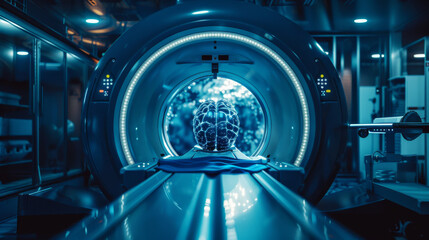 Medical image of MRI scanner with illustration of brain activity scan on patient. Modern medicine