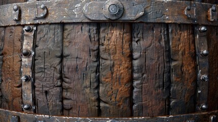 An old rum barrel texture, with dark wood staves and metal bands, evoking the spirit of pirate camaraderie and the celebratory drinks shared after a voyage created with Generative AI Technology