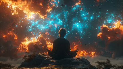 man sitting in lotus position, soul in the shape of a glowing crystal, space background, high quality image,generative ai