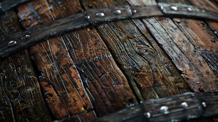 An old rum barrel texture, with dark wood staves and metal bands, evoking the spirit of pirate camaraderie and the celebratory drinks shared after a voyage created with Generative AI Technology - obrazy, fototapety, plakaty