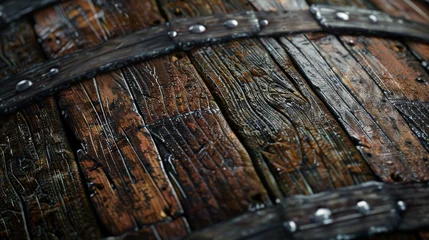 Fotobehang An old rum barrel texture, with dark wood staves and metal bands, evoking the spirit of pirate camaraderie and the celebratory drinks shared after a voyage created with Generative AI Technology © Sentoriak