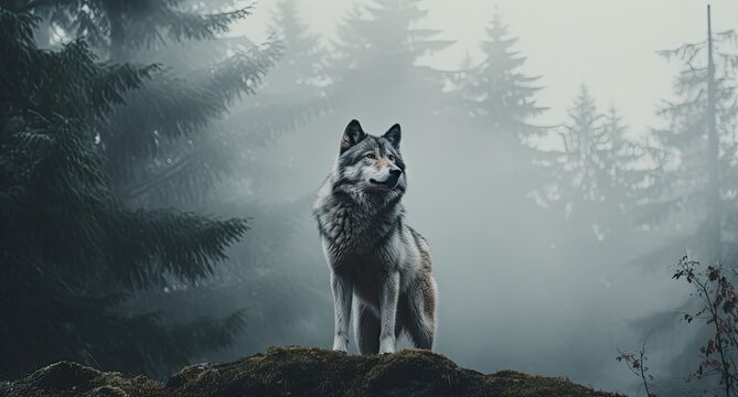 Gray wild wolf looking up, mystic junglecore, balance, scoutcore wild nature