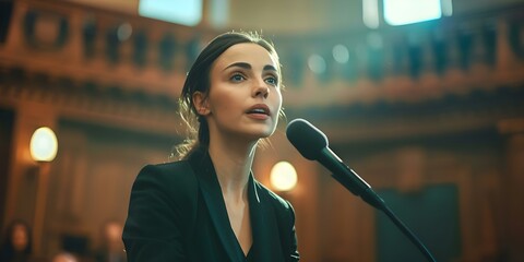 Female prosecutor passionately presents case in court addressing judge and jury. Concept Legal system, Courtroom drama, Female empowerment, Public speaking, Criminal justice - obrazy, fototapety, plakaty
