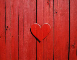 Red painted wooden wall with heart as a symbol of love and friendship