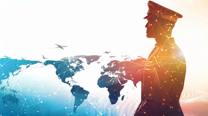 Silhouette Airline Pilot jets map of the world, overlay commercial airways white background travel holidays, planet