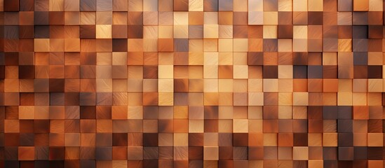 Detailed view of a textured wooden wall featuring numerous square panels of wood in varying shades and patterns