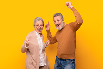 Happy senior couple celebrating success shaking fists over yellow background