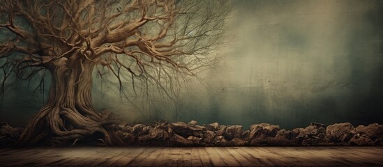 Leafless tree standing in a darkened room, casting eerie shadows on a polished wooden floor
