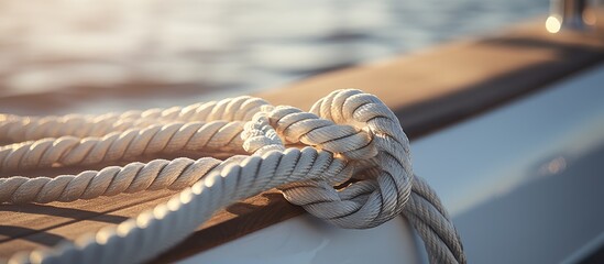 A coiled rope is securely tied to a boat, with another boat visible in the background on the water - obrazy, fototapety, plakaty