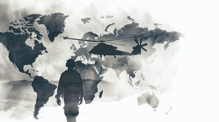 Silhouette of infantry soldier and helicopter with an overlay of the world map, Concept world police and deployment anywhere. Military visual