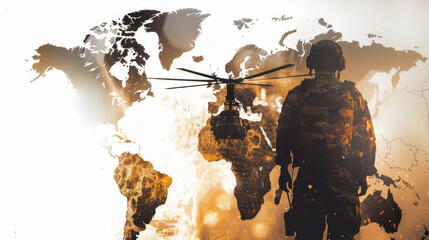 Silhouette of infantry soldier and helicopter with an overlay of the world map, Concept world police and deployment anywhere. Military visual - obrazy, fototapety, plakaty