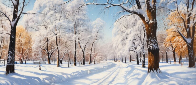 Scenic painting capturing a wintery park adorned with snow, showcasing a serene landscape with leafless trees and empty benches