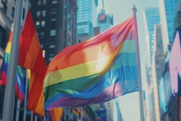 The gay pride flag is flying in the city during an open air festival, with other rainbow flags and people celebrating around it Generative AI