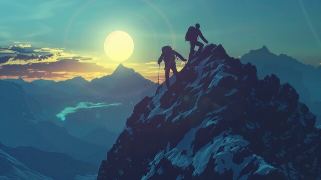 Group of hikers helping each other reach the peak summit mountain top. AI generated image
