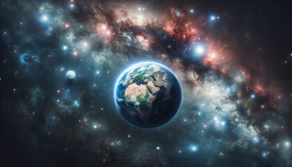 Earth, a blue marble, cradled by the vibrant tapestry of the cosmos.