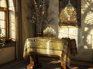 Mesa com menorah numa velha casa judia. - obrazy, fototapety, plakaty