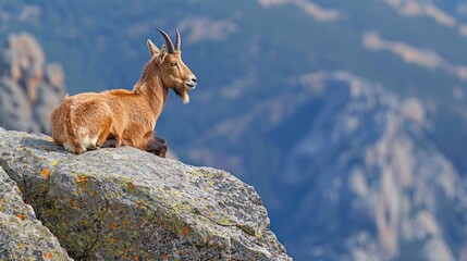 Obraz premium An old male spanish wild goat or Iberian ibex sitting on rock of mountain. AI generated image