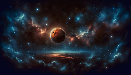 Mars takes center stage against a breathtaking backdrop of interstellar clouds and starfields...