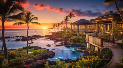 Fototapeta na wymiar Tropical resort poolside paradise glows under a spectacular sunset by the ocean.