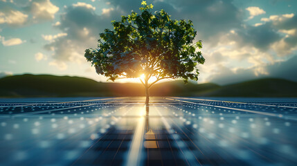 A young, vibrant tree sprouting from the center of a field of solar panels, symbolizing the growth of renewable energy and a sustainable future with zero carbon emissions. - obrazy, fototapety, plakaty