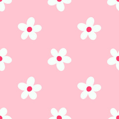 Flowers summer seamless vector children's pattern. Repeating background with with daisies on pink. Cute design for fabric, gift wrap, packaging.