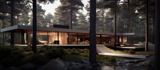 Fototapeta premium Modern architecture of a cabin harmoniously integrated into a lush forest setting
