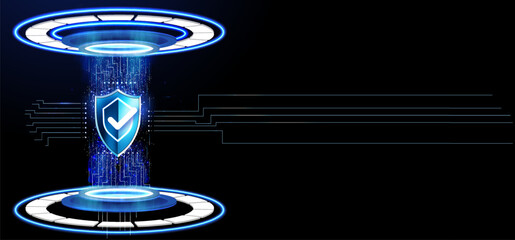 Futuristic Security Interface: A Dynamic Display of Digital Protection with Glowing Circuits and Shield Symbol, Ideal for Representing Advanced Technology in Cybersecurit