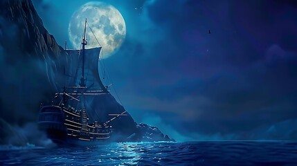 an Aivazovsky-style masterpiece portraying a ship in the moonlit night, capturing the ethereal beauty of the sea and the mysterious allure of the night