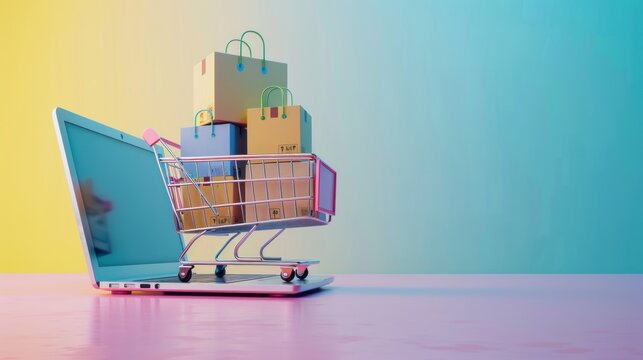 3d render Online shopping concept with cart and computer on vibrant color. AI generated image