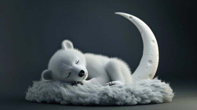 Rendering illustration Cute white baby bear animal sleeping on the Crescent moon. AI generated image