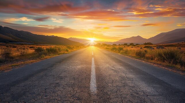 Epic empty old paved road on sunset view with in mountain background. AI generated image