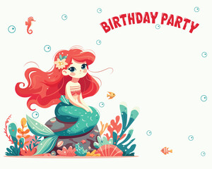 Colorful birthday invitation with cute and modest mermaid sitting on the stone with seaweed. Vector Illustration