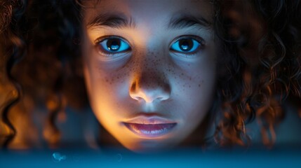 Extreme close-up of a student's face illuminated by a computer screen, showing intense focus and engagement during a STEM lesson. - Powered by Adobe