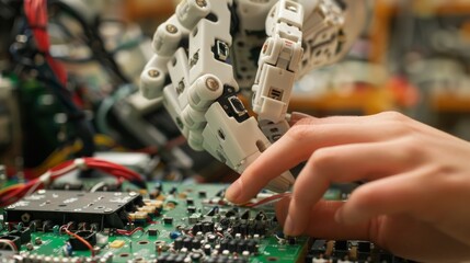 Extreme close-up of a student's hand fine-tuning a robot's components, emphasizing the meticulous attention to detail in robotics education. - obrazy, fototapety, plakaty
