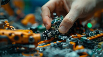 Intricate extreme close-up of a student's hand delicately fine-tuning a robot's components, highlighting the meticulous attention to detail in robotics education. - obrazy, fototapety, plakaty