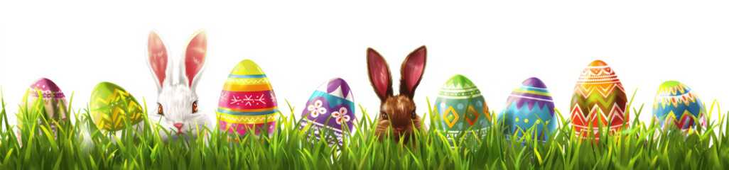 happy easter background illustration of Easter elements: painted eggs, grass, flowers and bunny ears on transparent background.