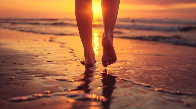 Close up of girls feet walking on beautiful beach at golden sunset day scene. AI generated image