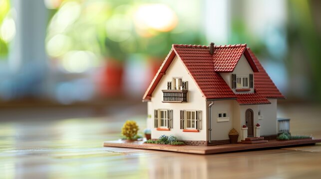 Miniature house model for sale on the table of real estate property office. AI generated image