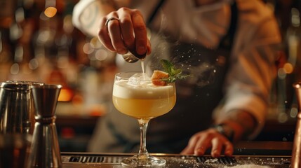 With meticulous precision, the bartender's hands expertly craft a signature cocktail, captured in a close-up macro shot, showcasing the artistry of mixology in hospitality.