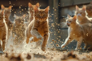 Energetic Orange Tabby Cats Playing and Running in Dusty Terrain Full of Action and Vitality