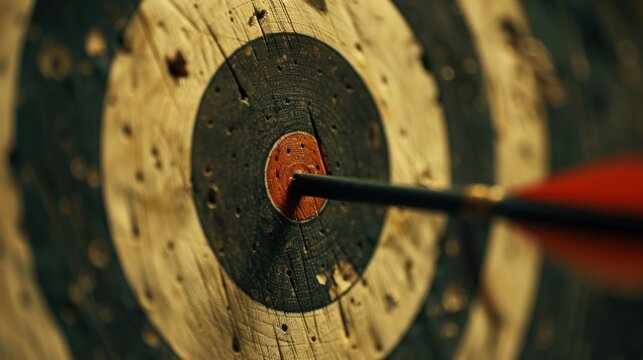 Close up an arrow on the middle of old wooden target dartboard. AI generated image