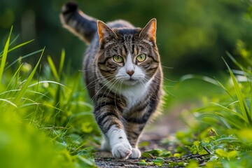 Domestic Tabby Cat Walking Confidently Through a Lush Green Garden with Intense Gaze