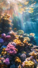Fototapeta na wymiar The vibrant, rough texture of a coral reef, captured underwater with the sunlight through the ocean surface. Highlights the diverse ecosystem and structure created with Generative AI Technology