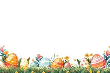 happy easter background illustration of Easter elements: painted eggs, grass, flowers and bunny ears on transparent background.