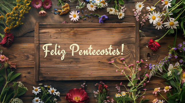Pr&oacute;prio para o Pentecostes: uma placa de madeira com a inscri&ccedil;&atilde;o "Feliz Pentecostes!" sobre uma mesa de madeira, rodeada de flores. 
